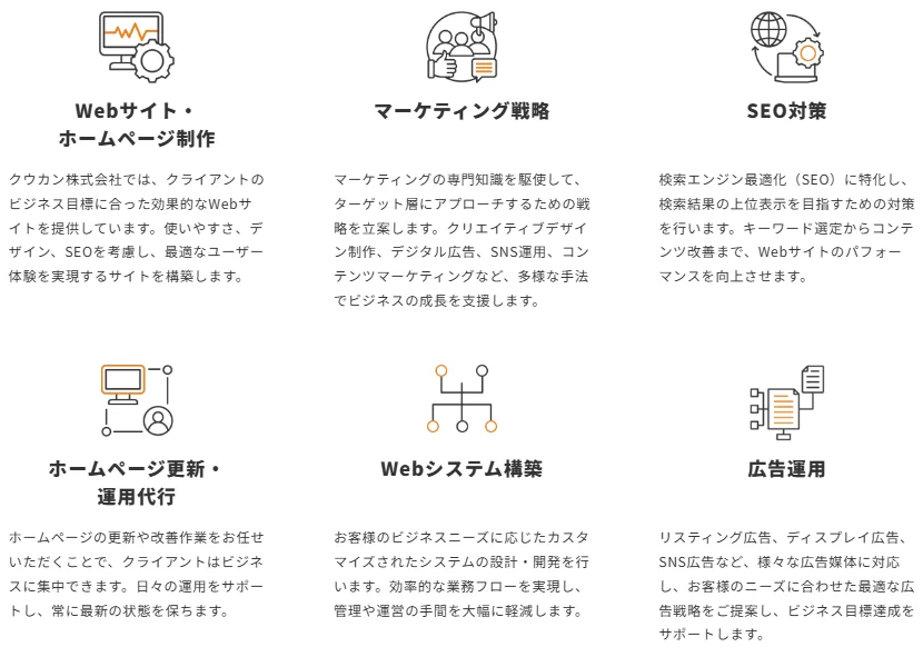 Webサイト制作、マーケティング戦略、SEO対策、ホームページ運用代行、Webシステム構築、広告運用といった、企業のデジタル戦略とビジネス成長を支援する様々なサービスが紹介されています。