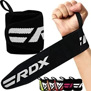 黒いリストラップが腕に装着され、また巻かれた状態で写っています。RDXのロゴが特徴的で、筋力トレーニングやウェイトリフティング時に手首を保護するスポーツ用品です。複数のカラーバリエーションも示されています。