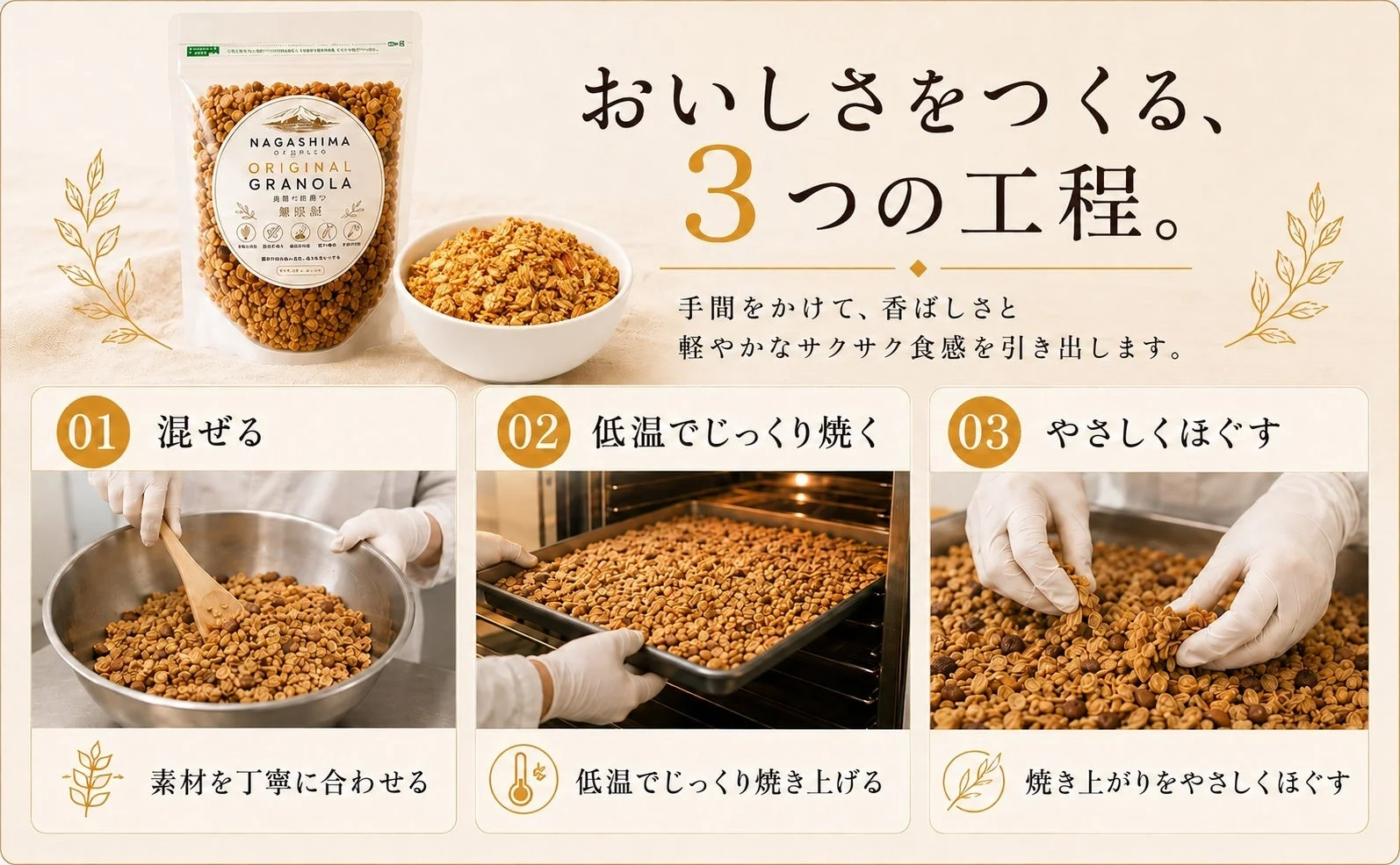おいしさをつくる、3つの工程。手間をかけて、香ばしさとかろやかなサクサク食感を引き出します。