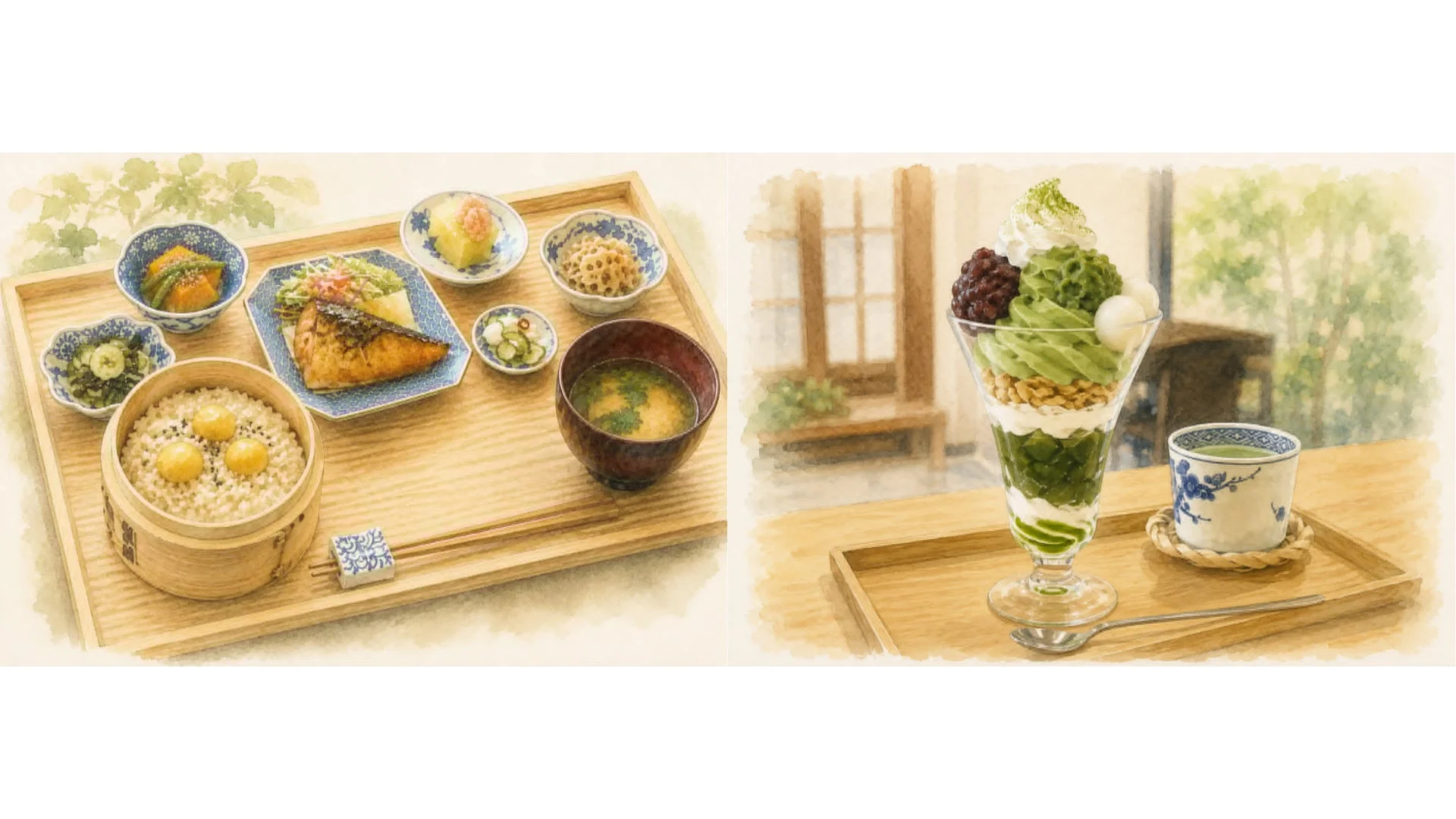かつきや 八女本店で提供される和食の定食と抹茶パフェ