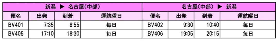 新潟-名古屋（中部）線スケジュール