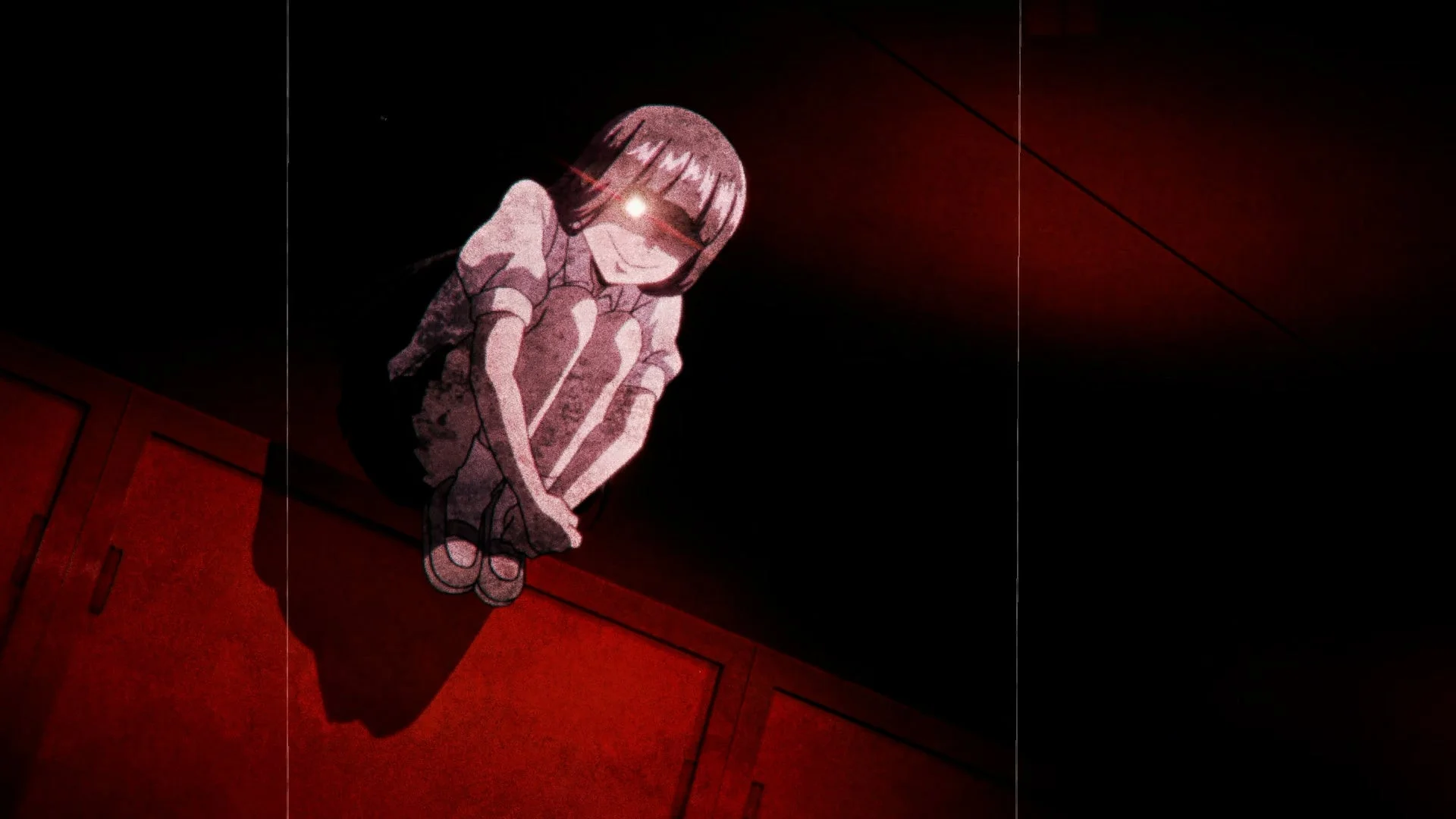 赤い光を放つ目でしゃがみ込むアニメ調の少女