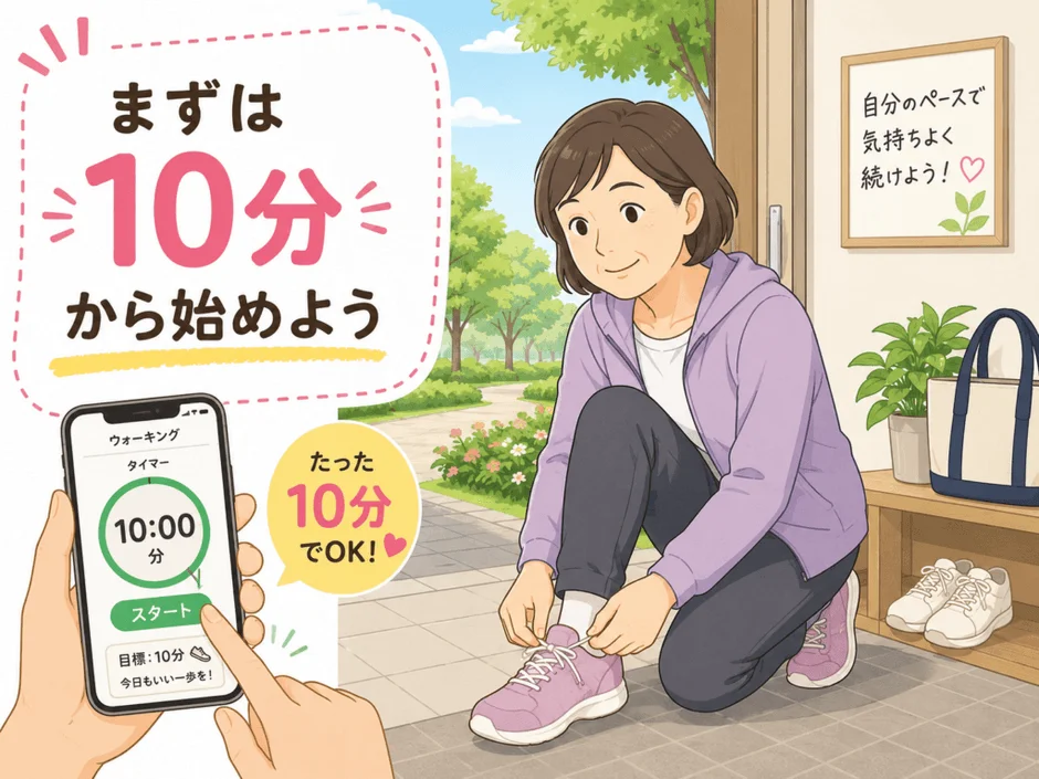 ウォーキングの準備をする女性と、10分からの運動を促すスマホアプリの画面