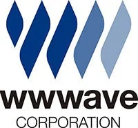 青い波のようなデザインとwwwave CORPORATIONの文字の企業ロゴ