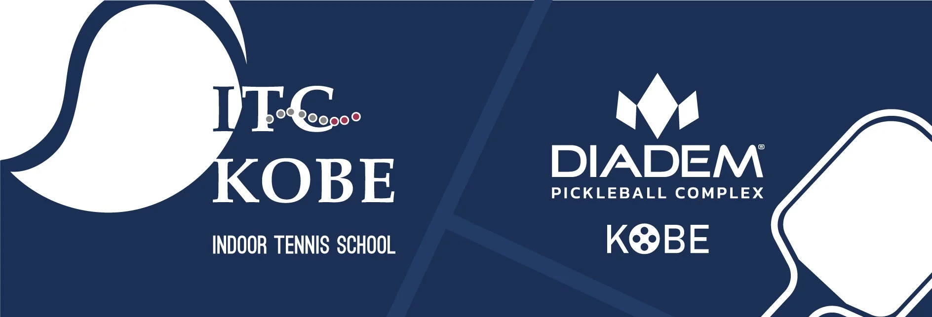 紺色の背景に、ITC KOBEインドアテニススクールとDIADEMピックルボール複合施設のロゴと名称が白文字で配置された画像です。両施設が神戸にあることを示しており、スポーツ施設のプロモーション素材と推測されます。