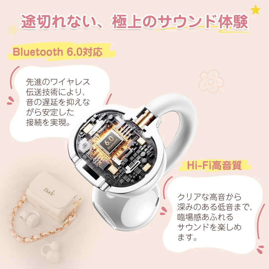 Bluetooth 6.0対応ワイヤレスイヤホン。先進技術で音の遅延を抑え、途切れない安定接続とHi-Fi高音質を実現。クリアな高音から深みのある低音まで、臨場感あふれる極上のサウンド体験を提供。