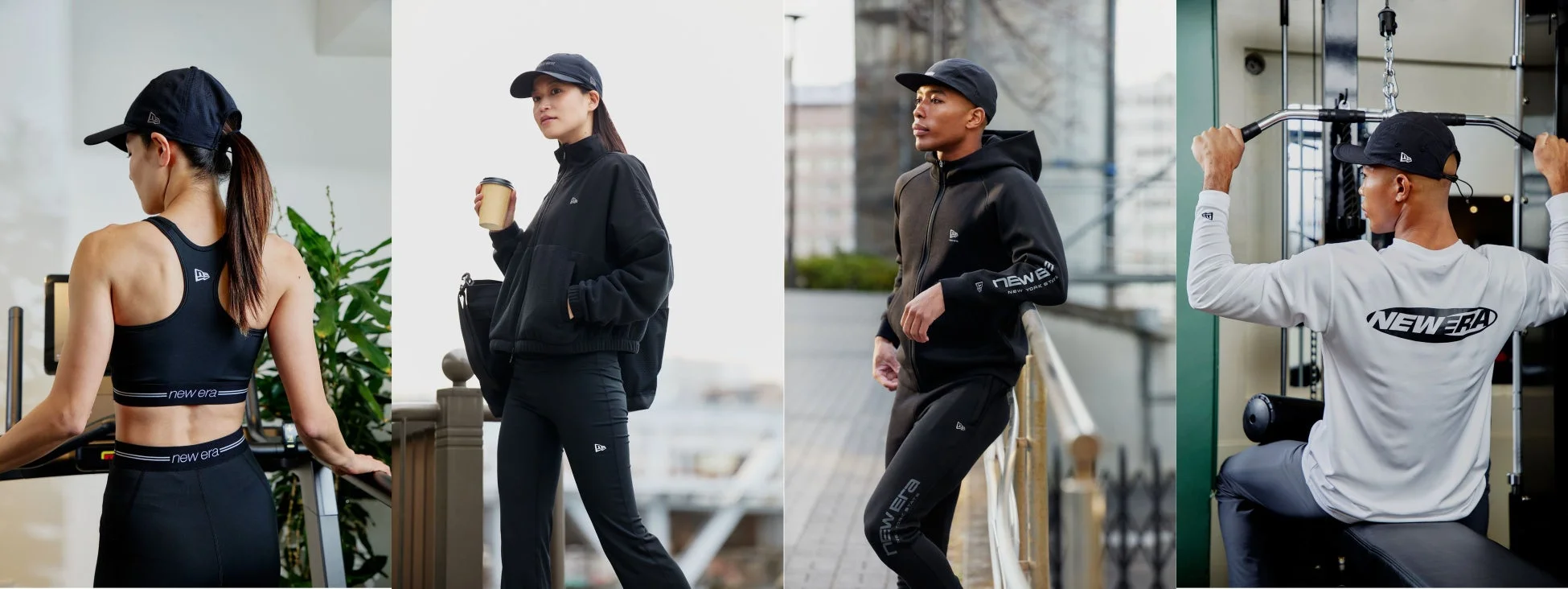 ニューエラのスポーツウェアやカジュアルウェアを着用した男女のモデルが、トレーニングや日常のシーンで活動している様子