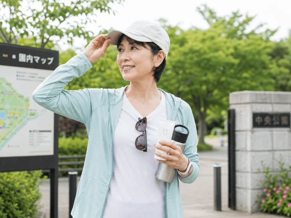 中高年女性が公園でウォーキングを楽しんでいる様子