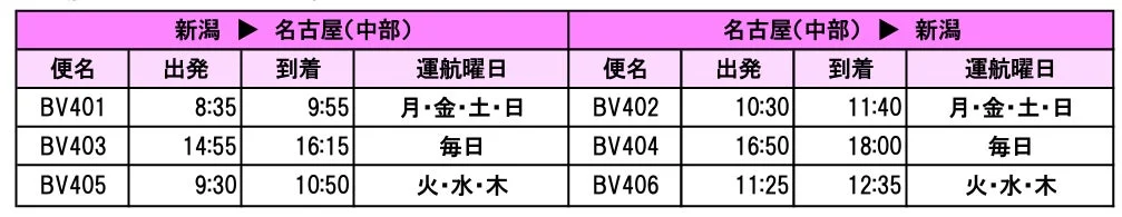 新潟-名古屋（中部）線スケジュール