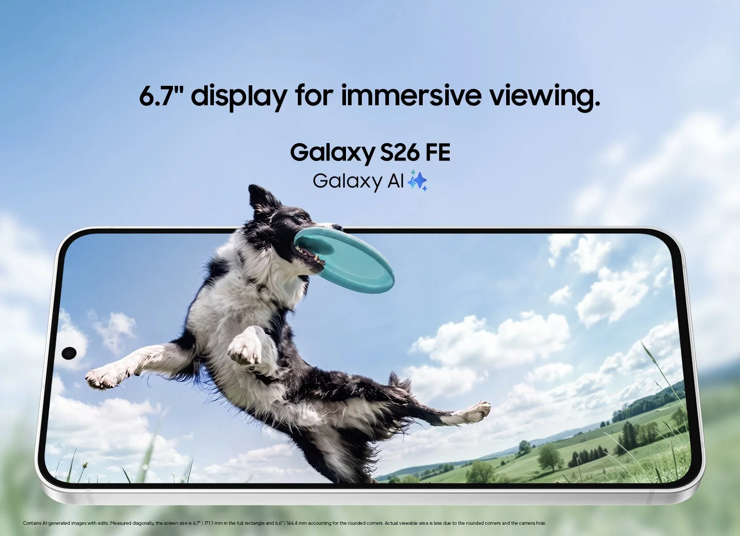 Samsung Galaxy S26 FEのディスプレイに映る犬の画像