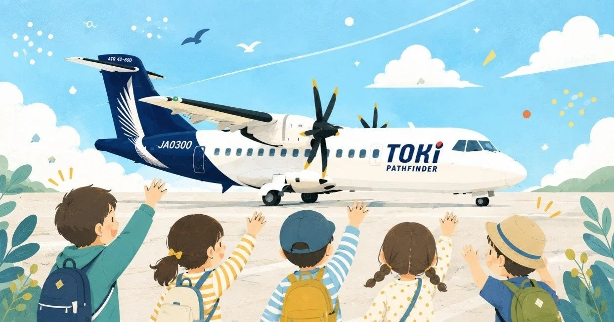 青い空の下、空港でプロペラ機「TOKI PATHFINDER」を見送る子供たちのイラスト。