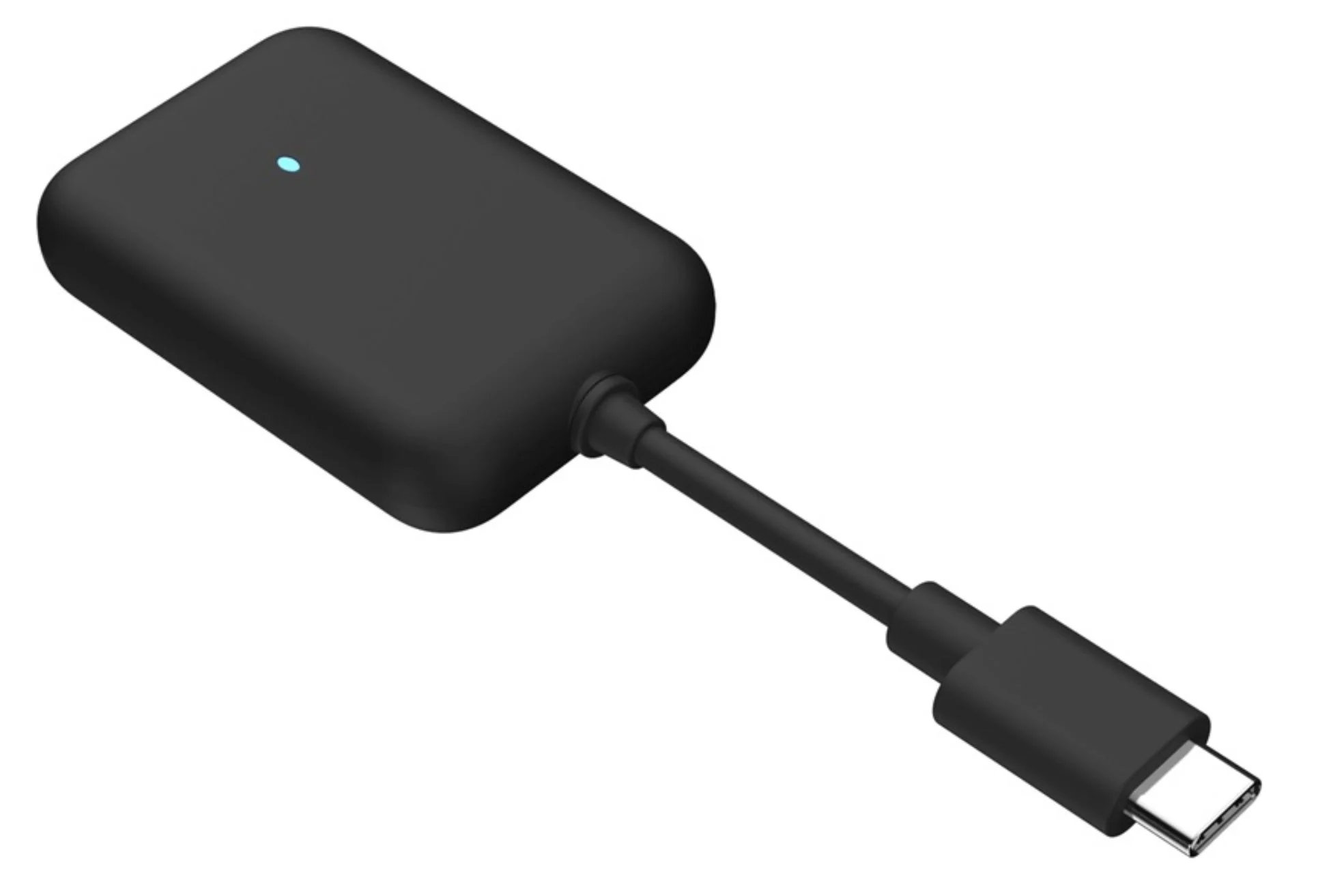 白い背景に置かれた、青いインジケーターライトが付いた黒い電子機器とUSB-Cケーブルの接続部分を斜めから捉えた画像です。シンプルでモダンなデザインが特徴です。