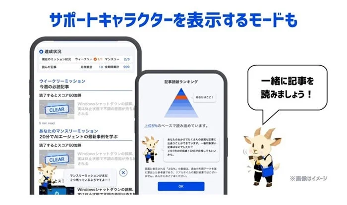 サポートキャラクターが表示されているアプリ画面