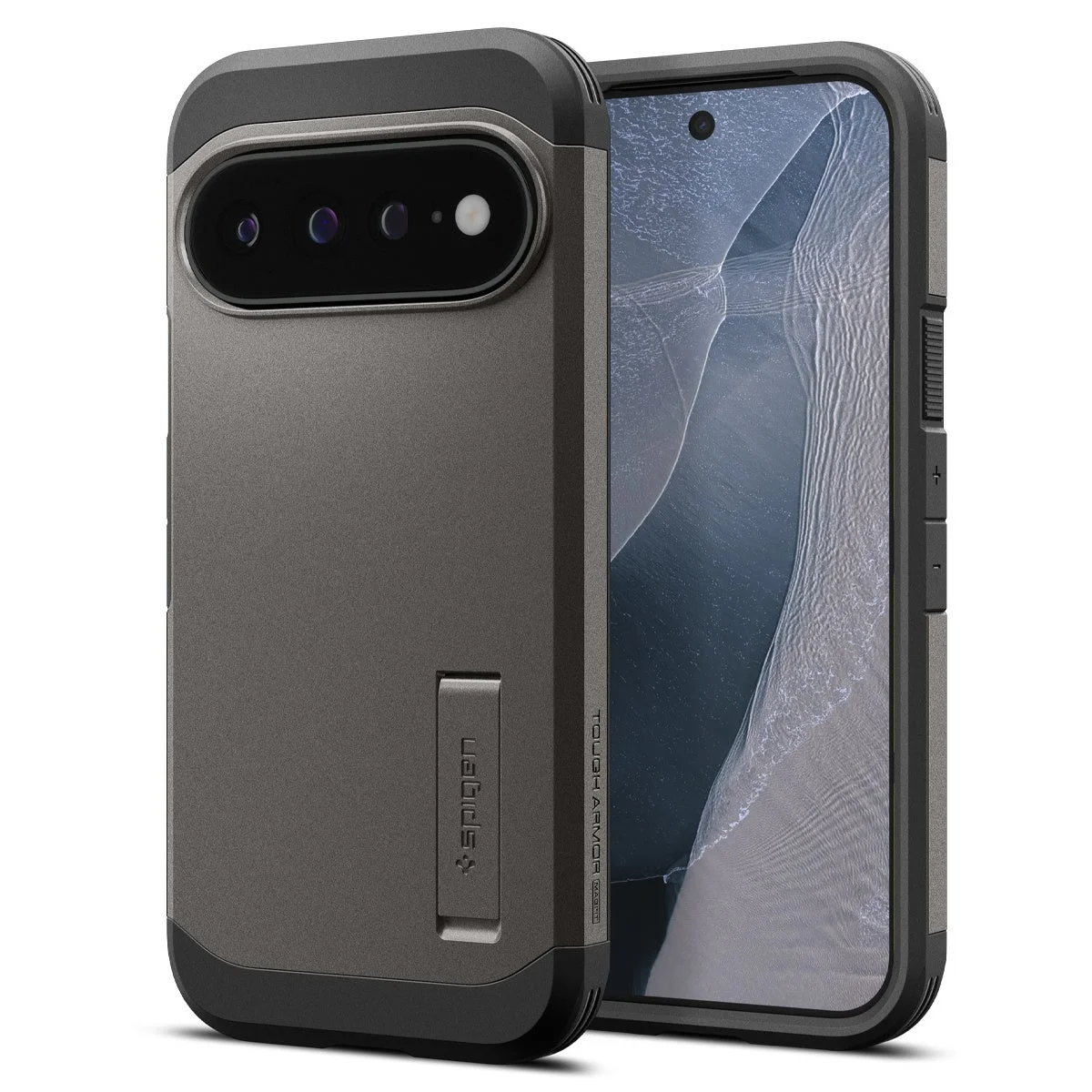 Spigenのタフアーマーシリーズのスマートフォンケース。キックスタンド付きで耐衝撃性のあるグレーのケースが、保護されたスマートフォンの横に置かれている様子を捉えています。