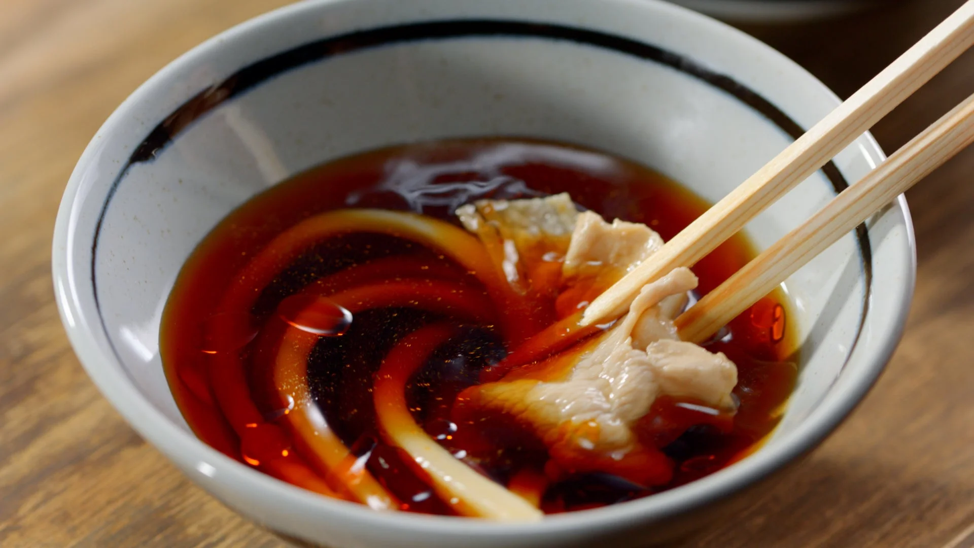 旨辛つけ汁にうどんをくぐらせる様子