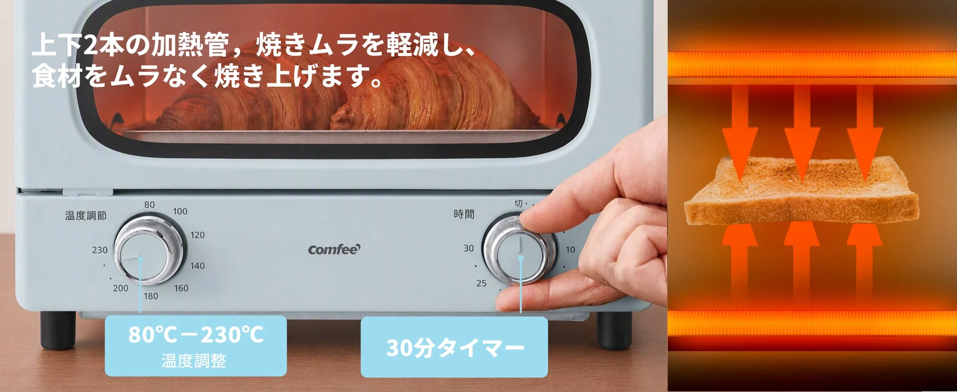 上下2本の加熱管と温度・タイマー設定