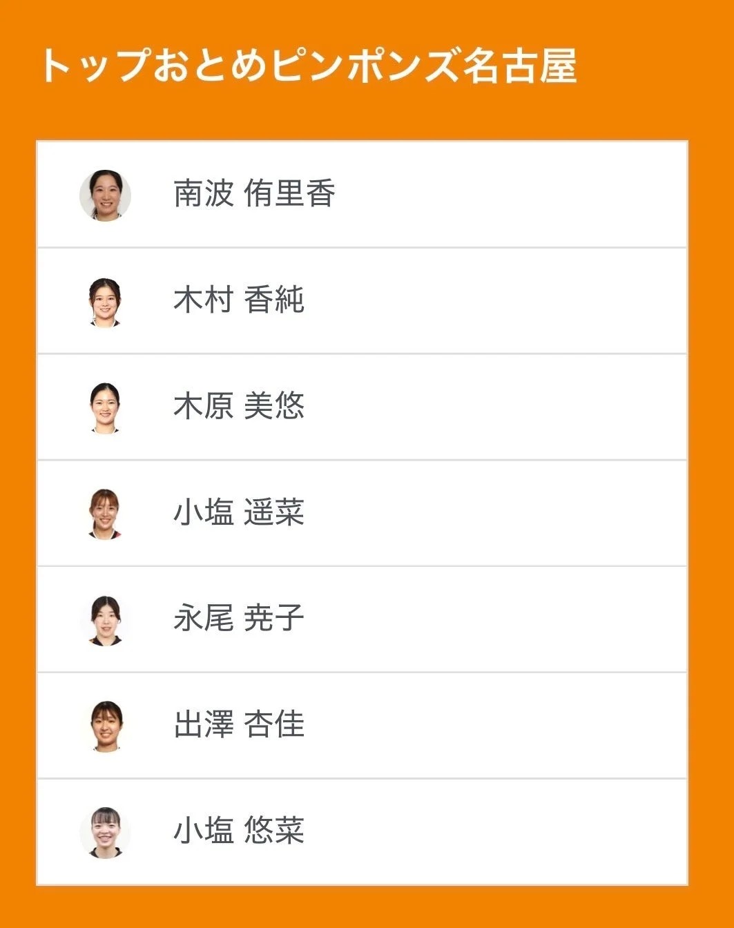トップおとめピンポンズ名古屋の選手たち