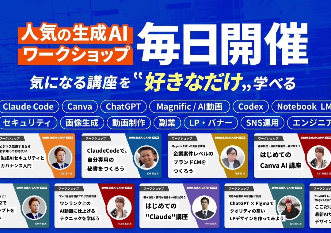 DMM 生成AI CAMP 学び放題のワークショップやサポート体制を示す画像