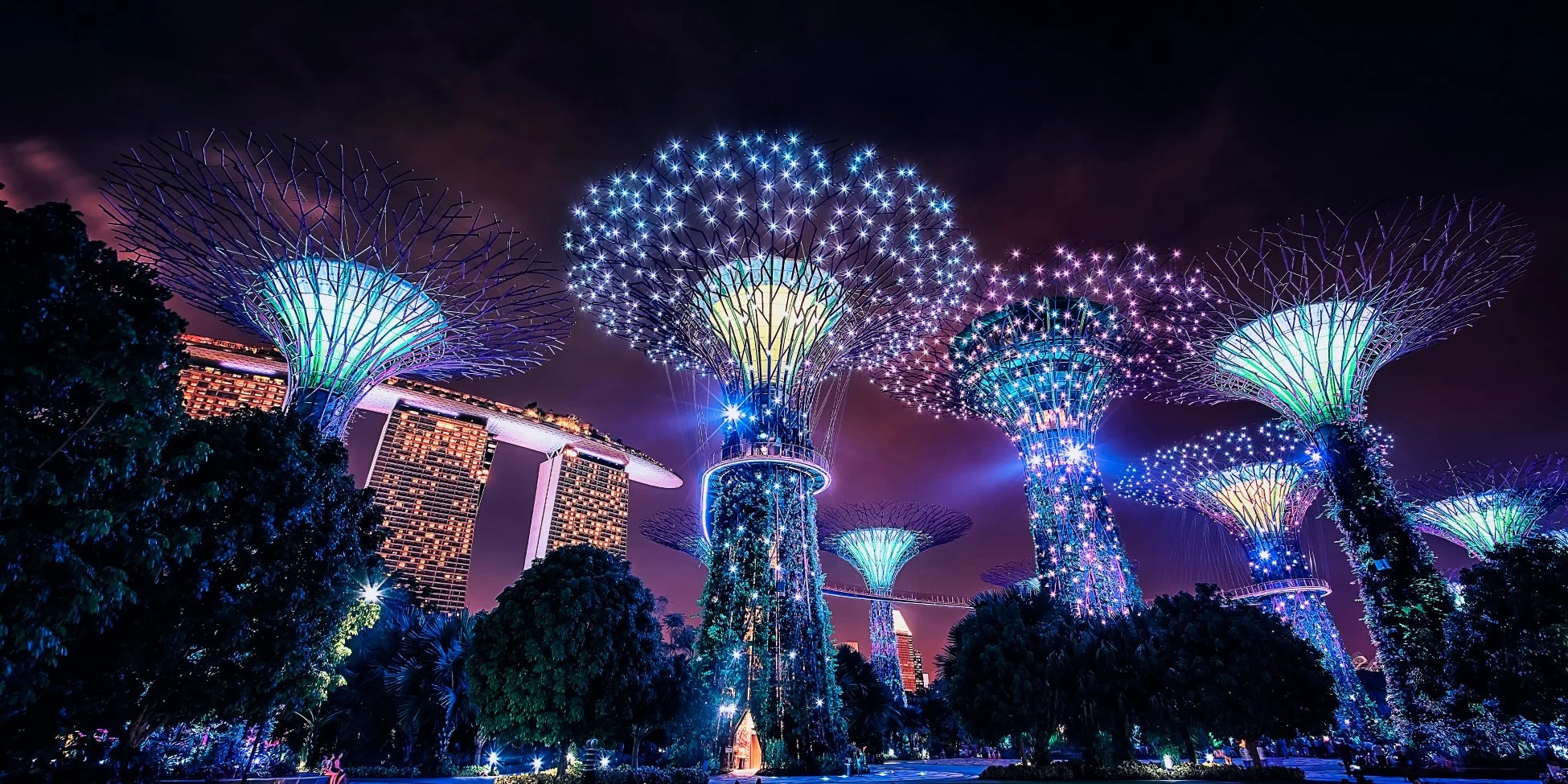 シンガポールのガーデンズ・バイ・ザ・ベイの夜景。カラフルにライトアップされたスーパーツリーが幻想的な輝きを放ち、背景にはマリーナベイ・サンズがそびえ立つ。近未来的な都市公園の美しい光景。