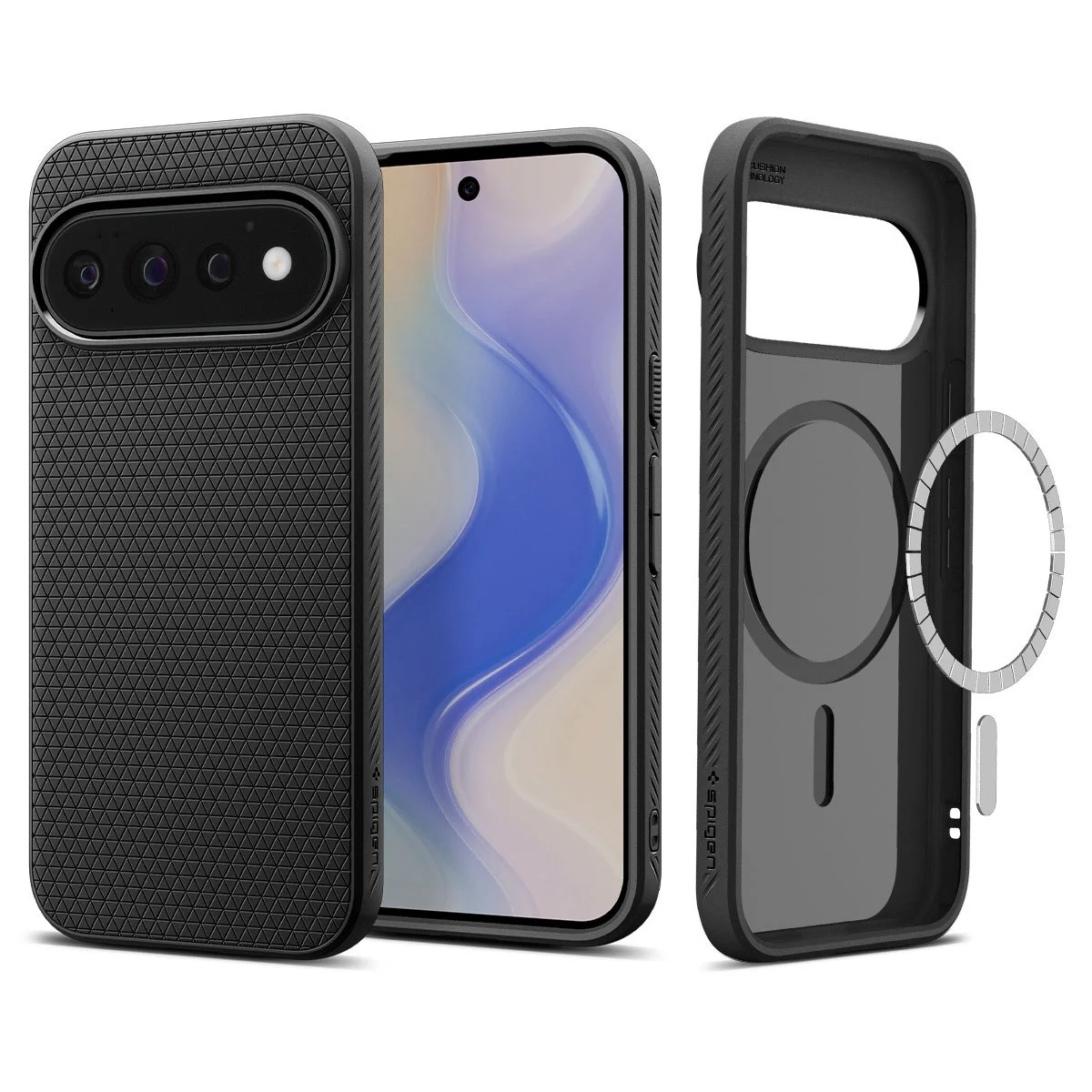 黒いスマートフォンケースが、スマートフォンに装着された状態と、内側の構造が分かるように分解された状態で展示されています。ケースはSpigen製で、背面にマグネットリングが内蔵されており、ワイヤレス充電やアクセサリー装着に対応していることが示唆されます。