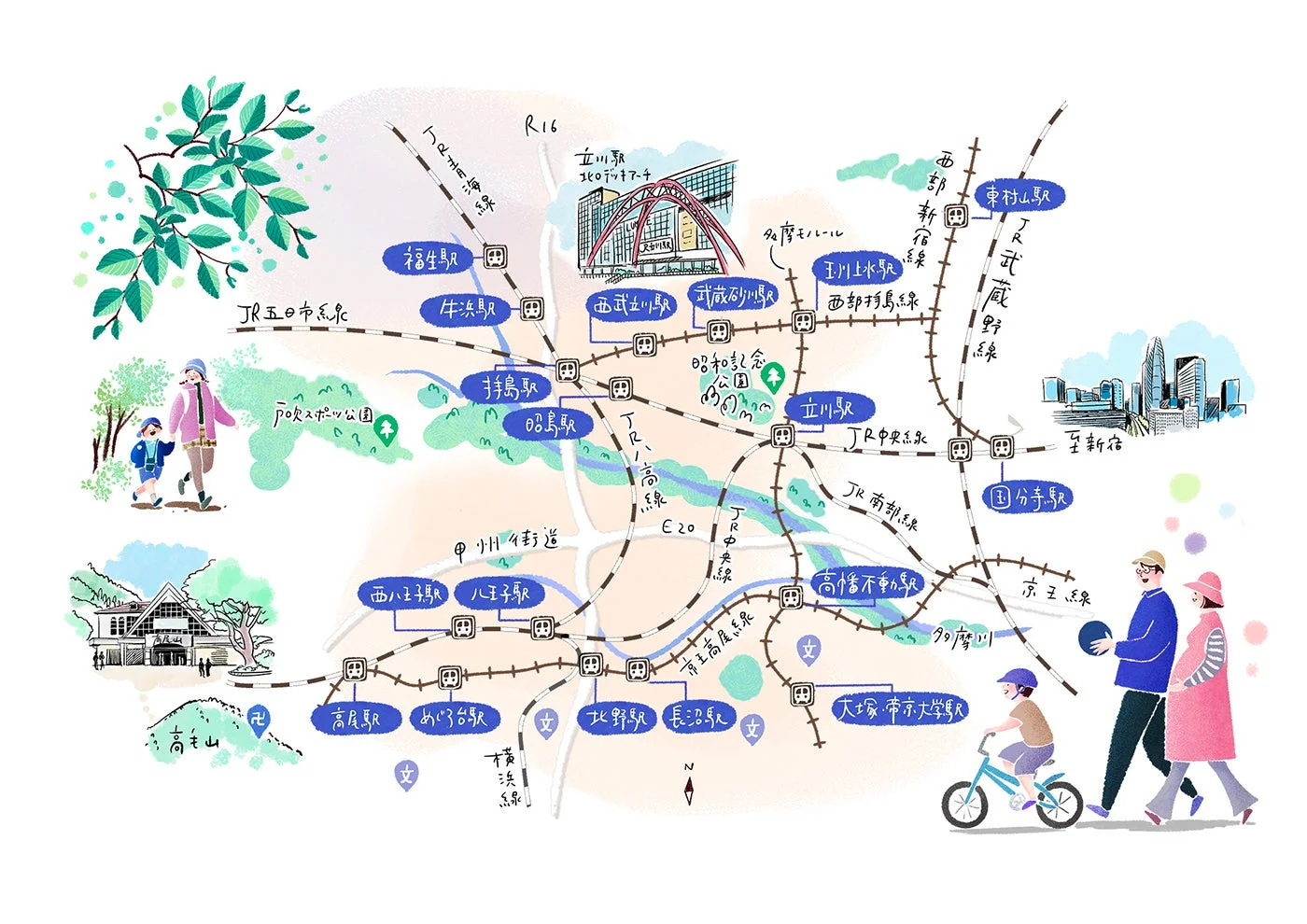 多摩地域の路線図イラスト