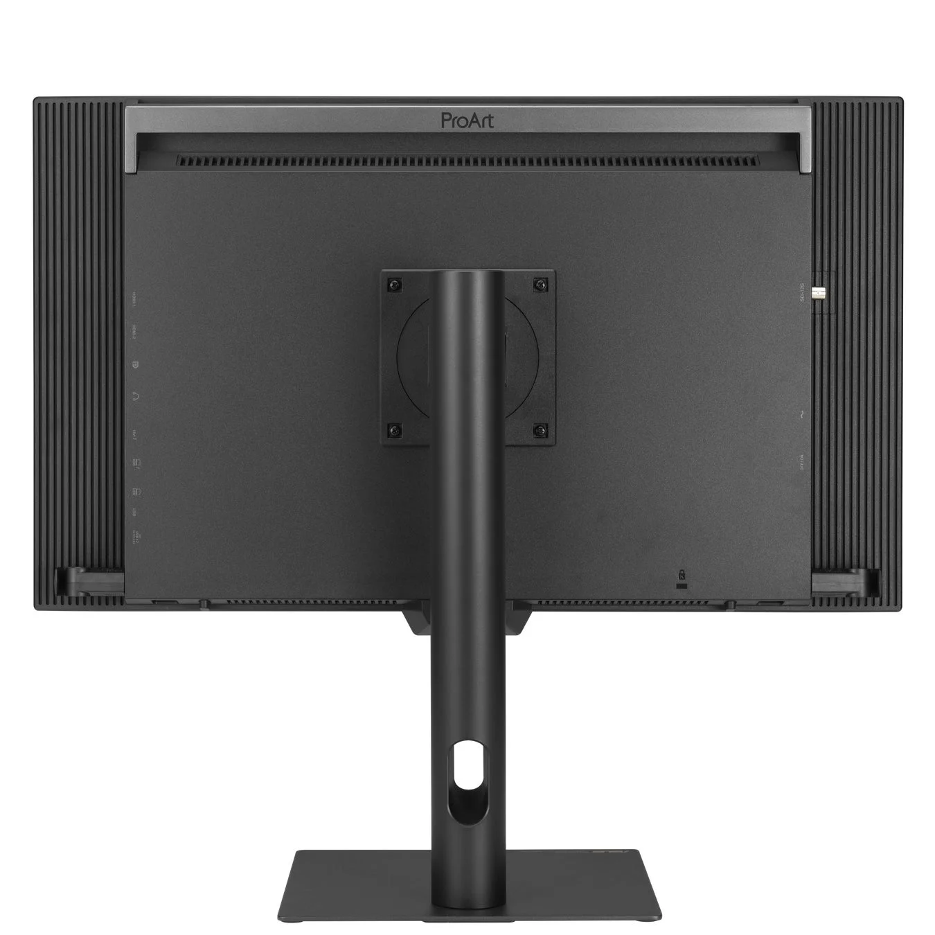 モニターの背面とそのスタンドが写っており、HDMI、DisplayPort、USB、オーディオ出力などの各種接続ポートが確認できます。