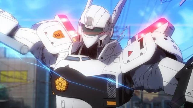白と黒を基調とした警察仕様のロボット「イングラム」が正面を向いているアニメーション画像