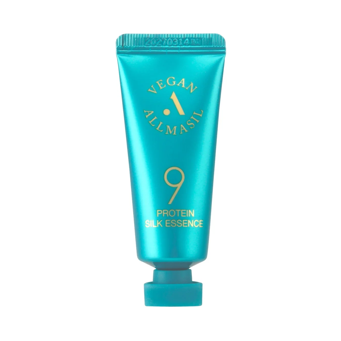 白い背景に、ターコイズブルーのチューブ型ヘアエッセンス「VEGAN ALLMASIL 9 PROTEIN SILK ESSENCE」が写っています。髪のケア製品であることがわかります。