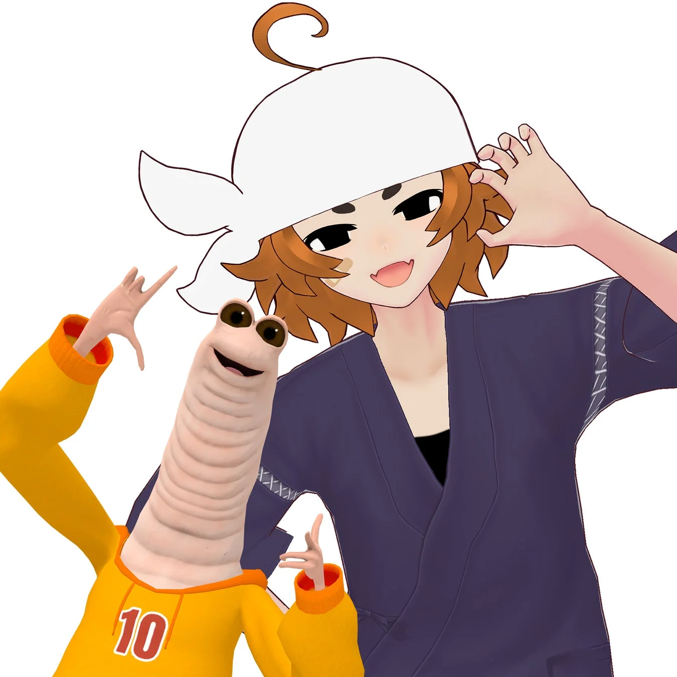 白い帽子と和服を着たアニメキャラクターと、黄色いパーカーを着た謎の生物