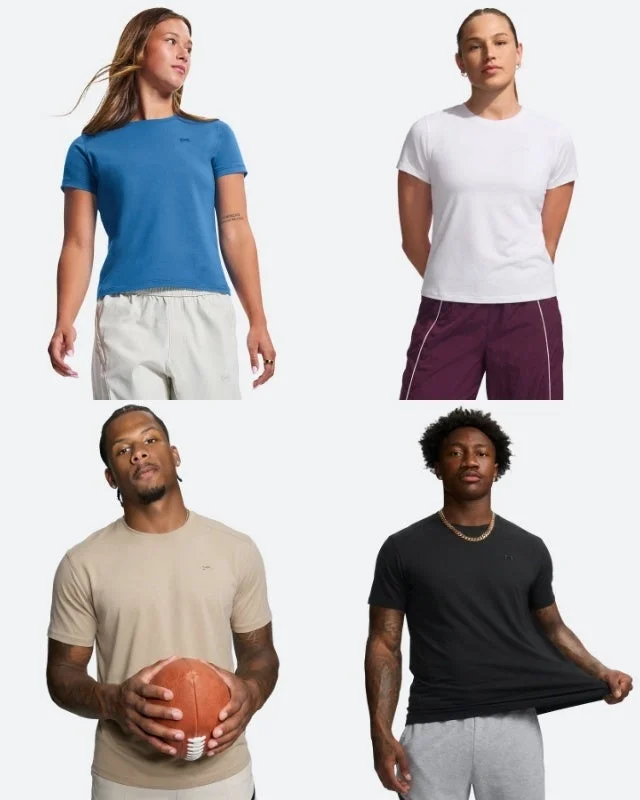 様々な色のTシャツとカジュアルウェアを着用した男女4人のモデル