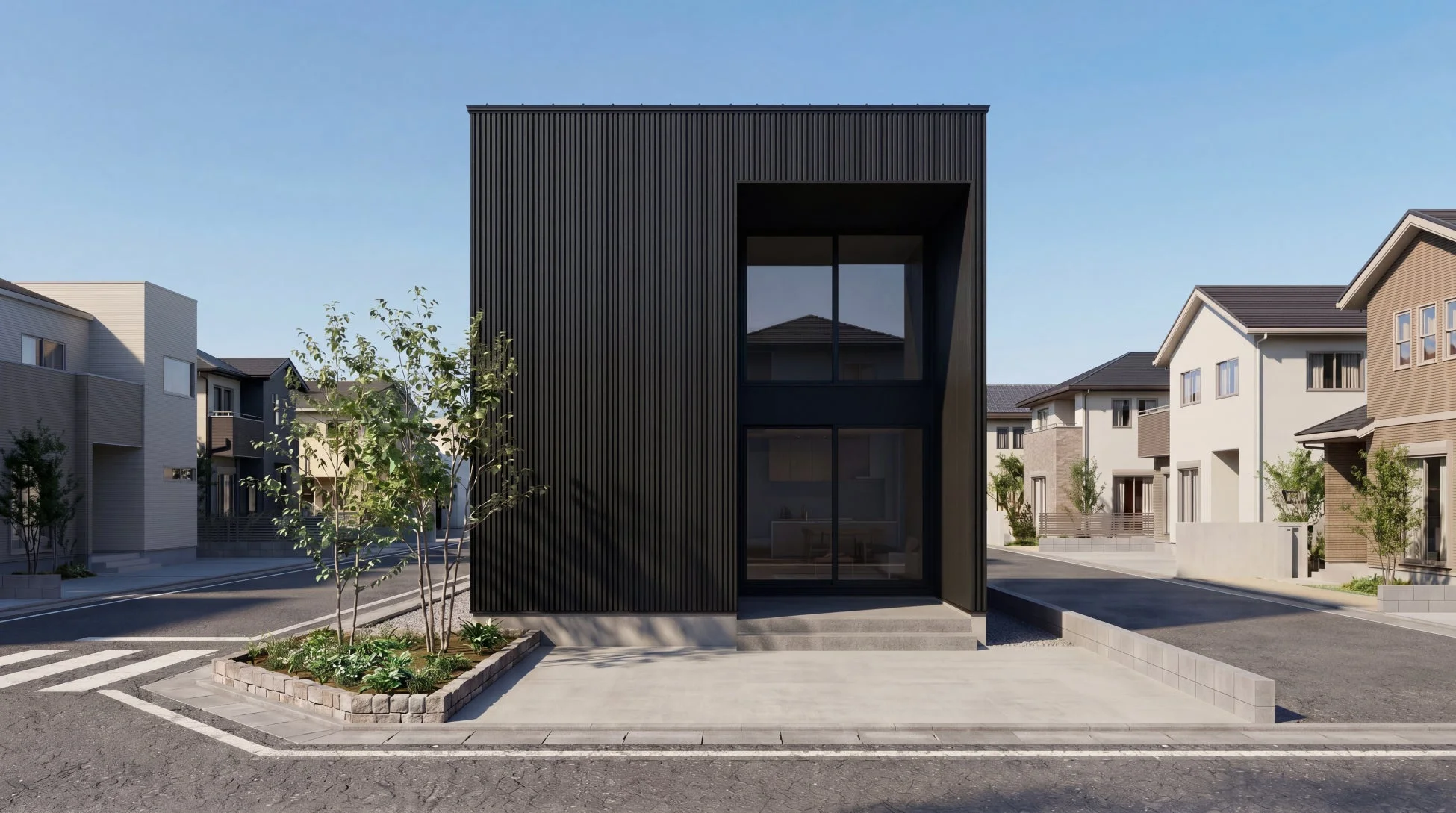 青空の下、黒いキューブ型のモダンな住宅が日本の閑静な住宅街に建っています。垂直な外壁と大きな窓が特徴的なミニマリストデザインです。