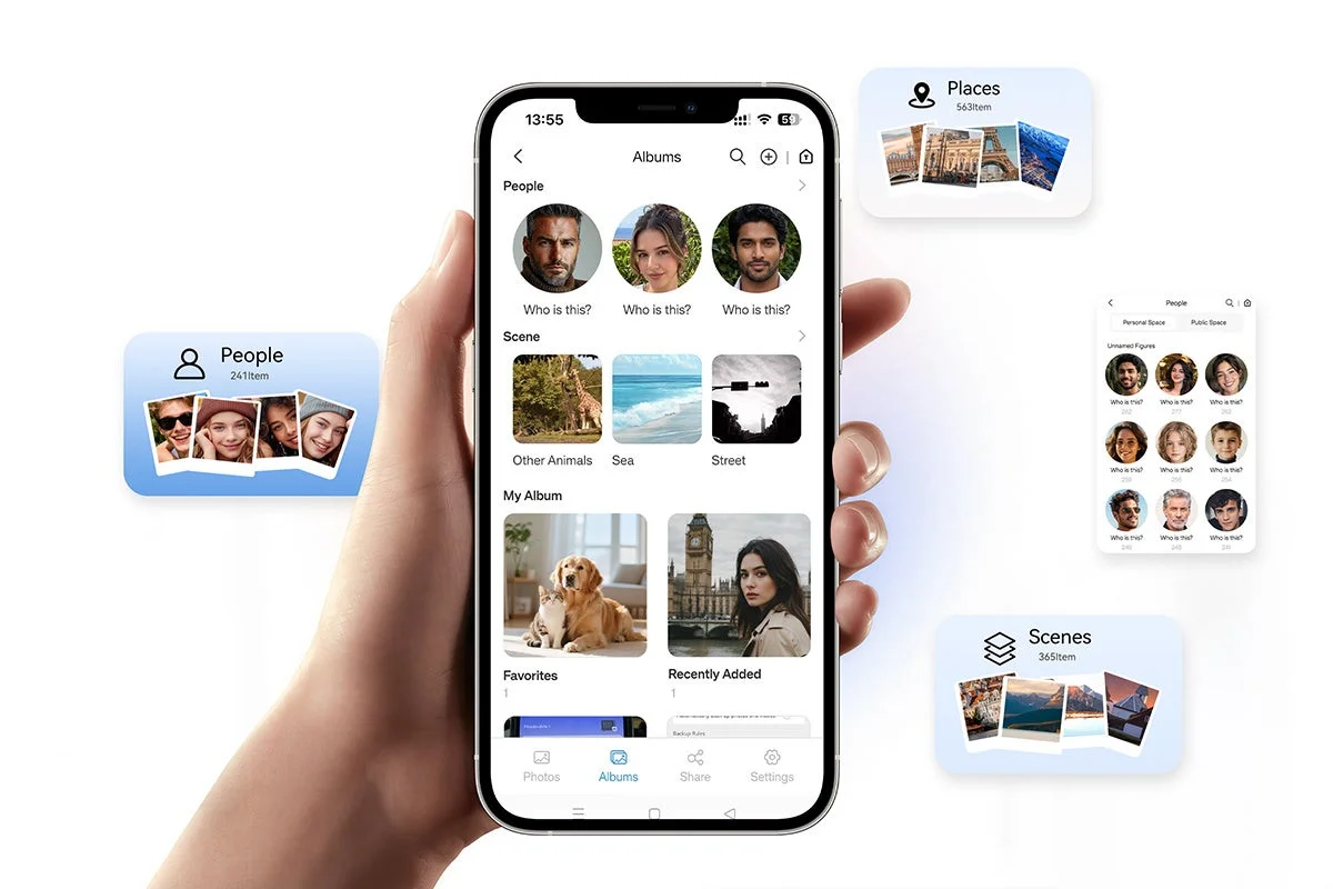 スマートフォンで写真アルバムアプリのインターフェースが表示されており、人物、場所、シーンごとに写真を自動整理する機能が示されています。AIによる顔認識や、動物、海、街並みなどのシーン分類により、効率的な写真管理が可能であることを強調した画像です。