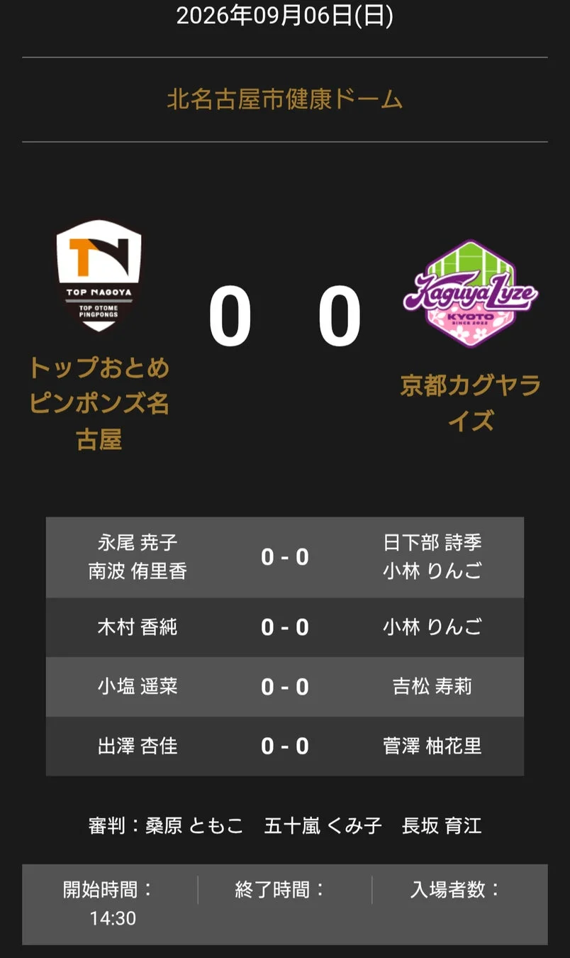 ノジマTリーグ 2026-2027シーズン トップおとめピンポンズ名古屋 vs 京都カグヤライズ オーダー発表