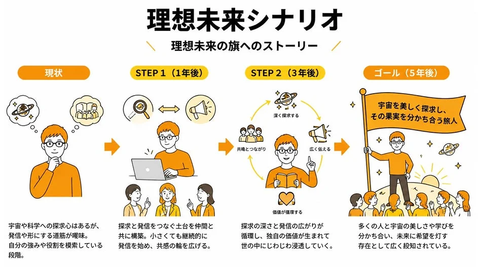 現状から5年後の理想の未来へと至るシナリオをステップごとに描いた図です。宇宙や科学への探求心を持ち、仲間との共鳴を通じて発信を広げ、最終的に宇宙の美しさや学びを分かち合う存在となるまでの成長過程を示しています。