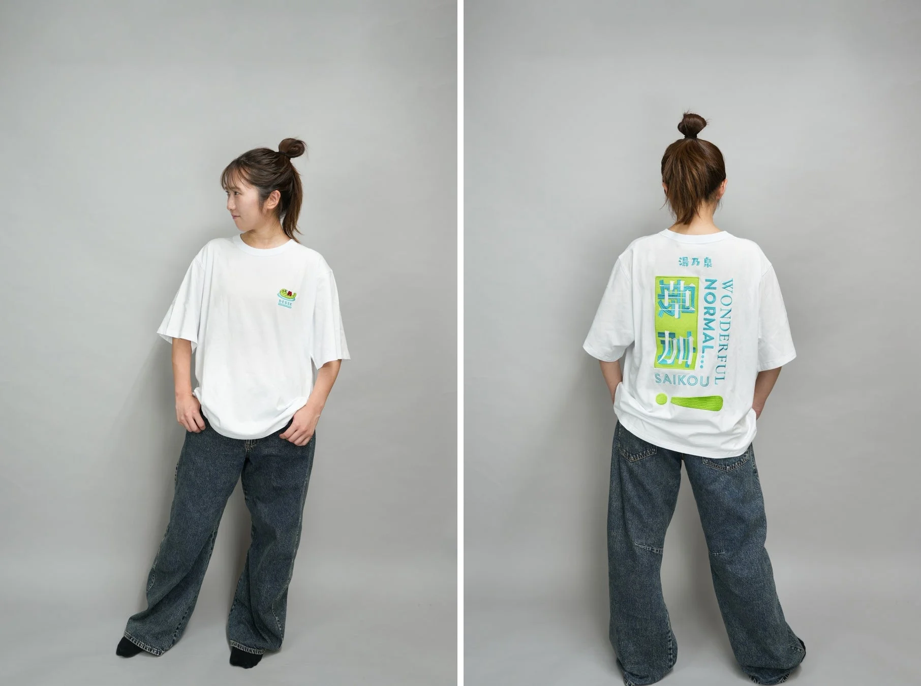 女性モデルが草加健康センターコラボTシャツを着用