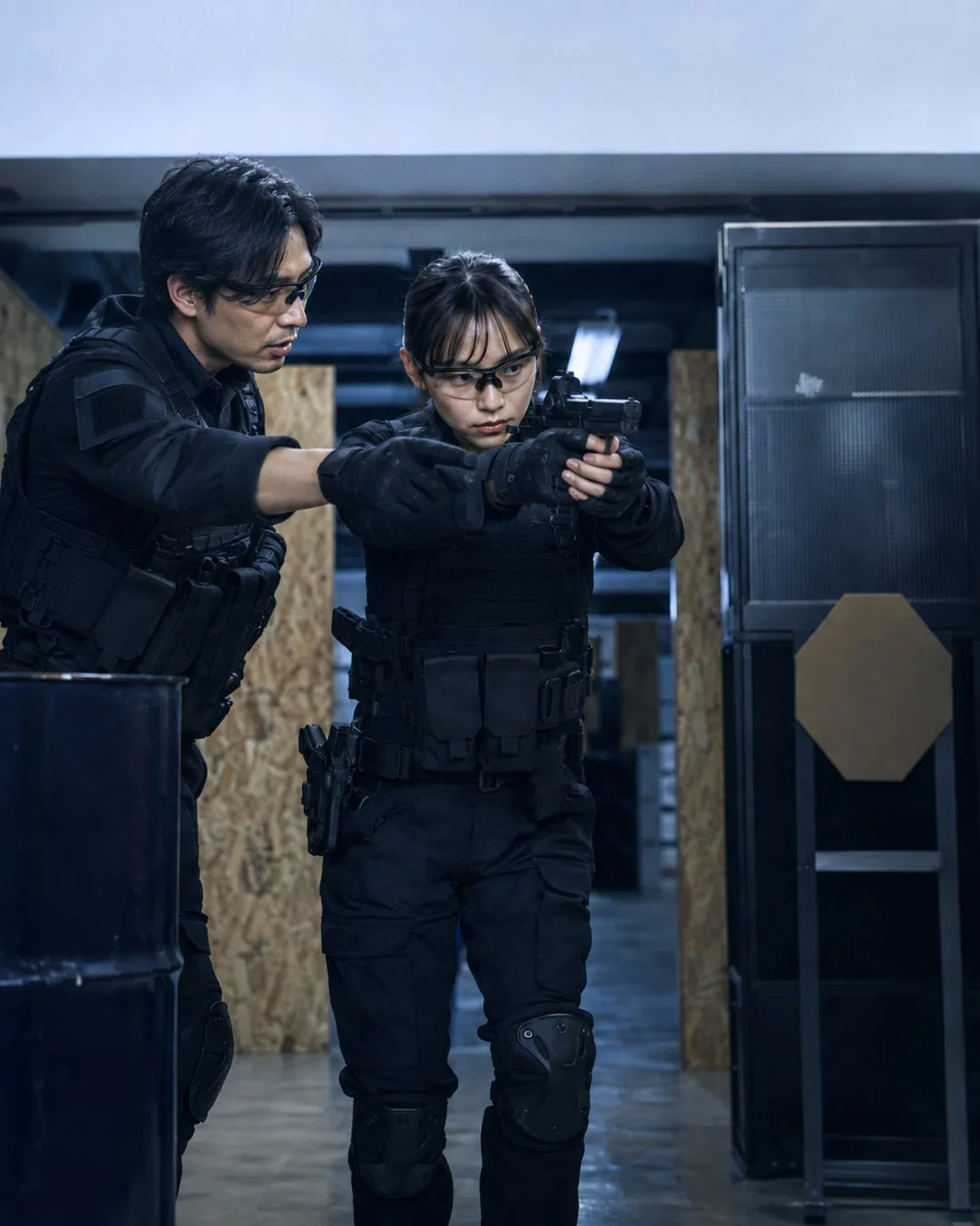 黒い戦術装備を身に着けた男女が射撃訓練を行っている様子