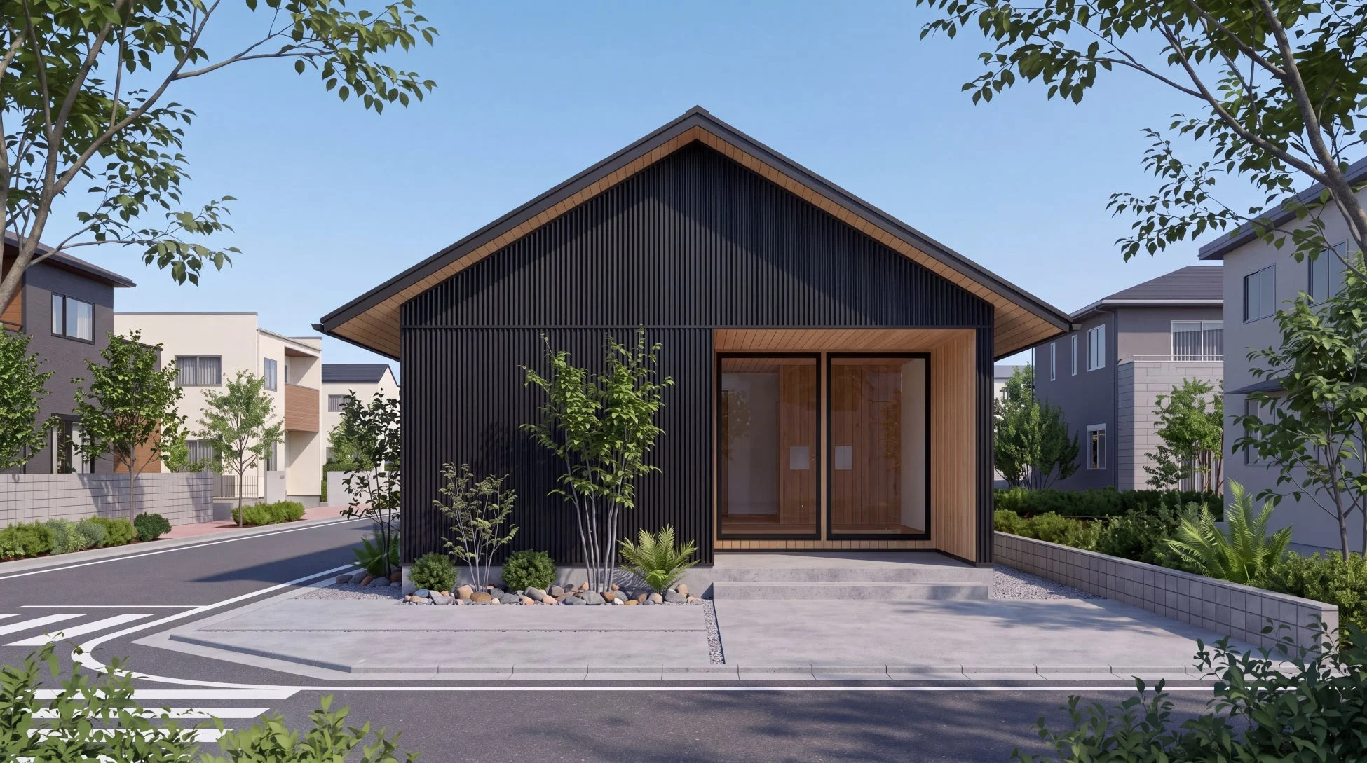 黒い外壁と木目調の玄関が特徴的な、現代的なデザインの一戸建て住宅。青空の下、周囲の住宅街に溶け込み、手入れされた植栽がアクセントになっている。