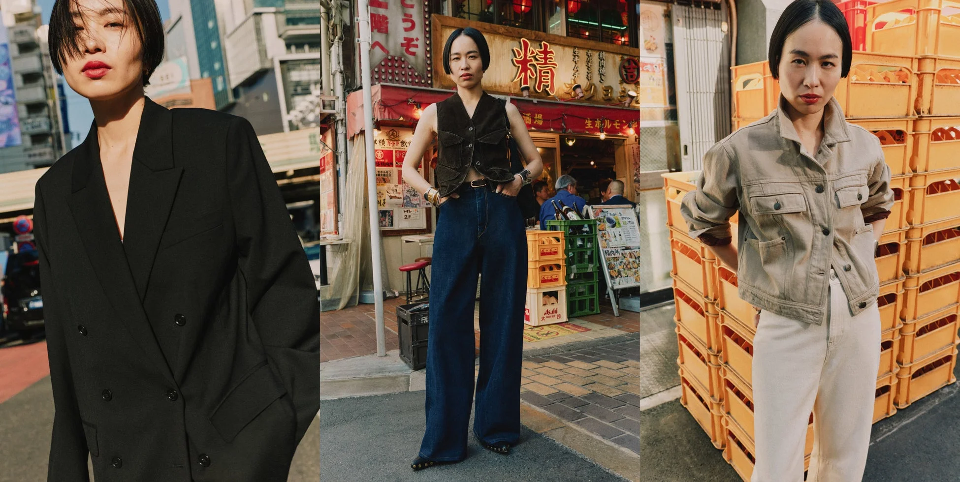日本の都市を舞台に3種類のファッションスタイルを披露するアジア人女性