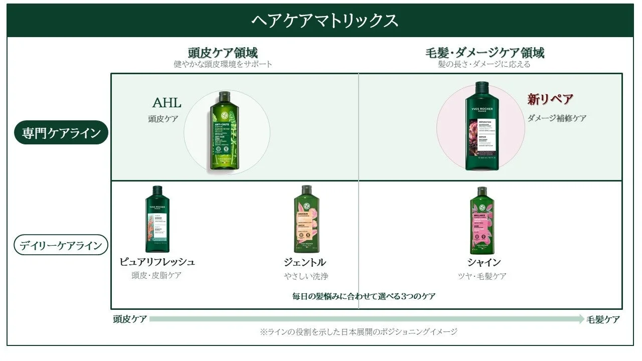 ヘアケア製品を専門ケアとデイリーケア、頭皮ケアと毛髪・ダメージケアの軸で分類したマトリックス図