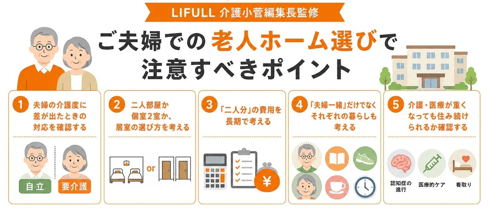 ご夫婦での老人ホーム選びで注意すべきポイント