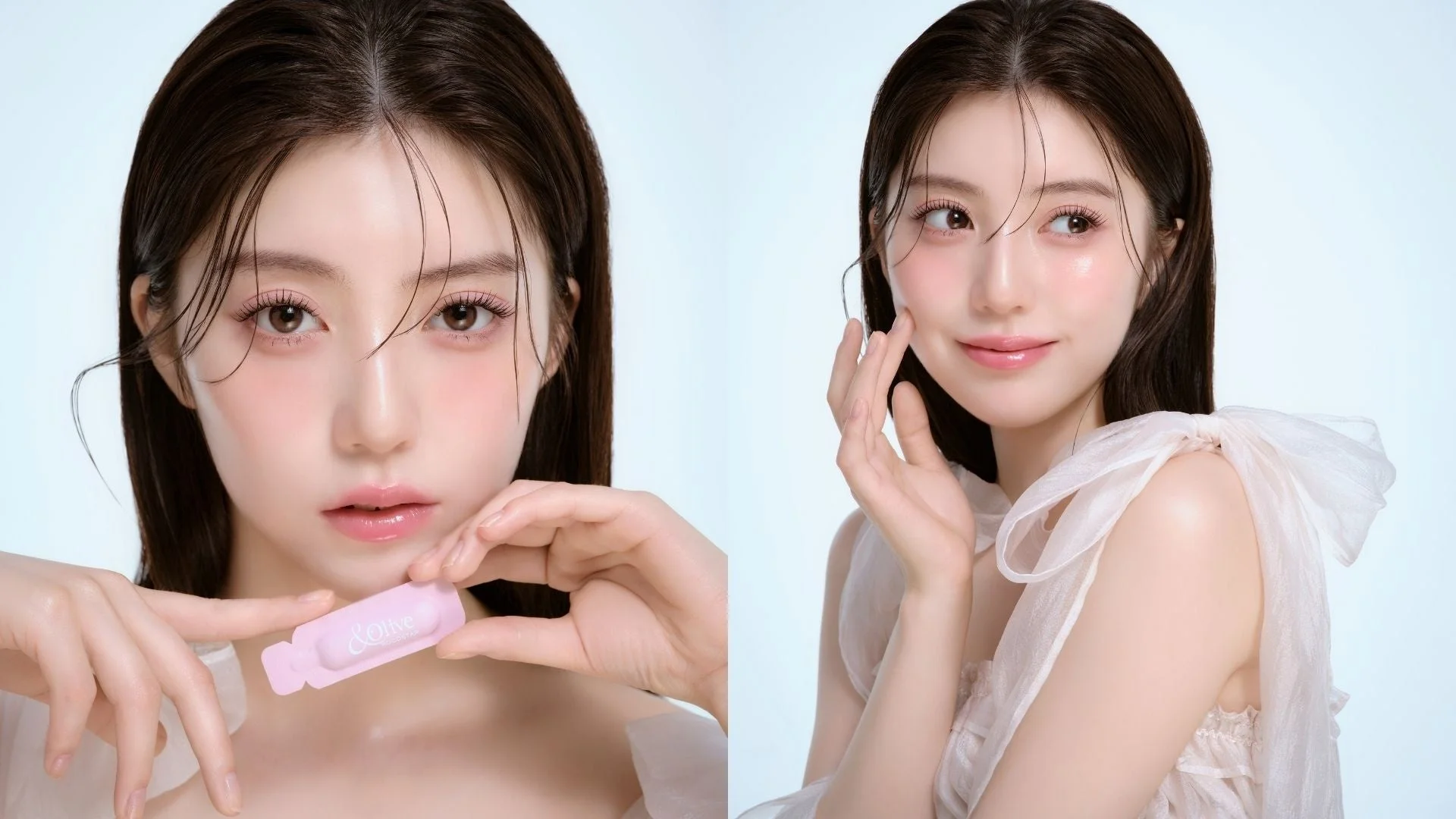 透明感のある肌とナチュラルメイクの女性が描かれた美容広告画像です。左側ではピンク色の美容液アンプルを持ち、右側では優しく微笑んでいます。濡れたような髪と艶やかな肌が特徴的です。