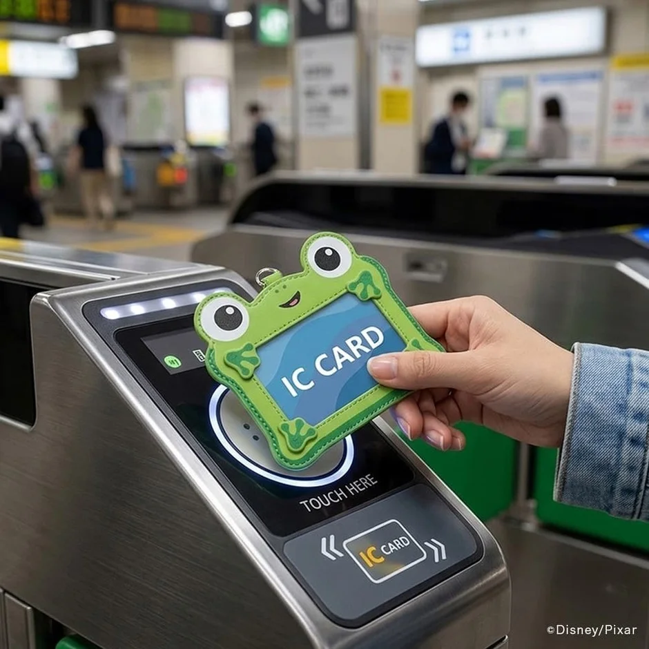 ICカードホルダーを改札にかざす様子