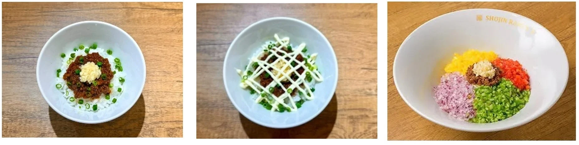 3種類の丼のクローズアップ