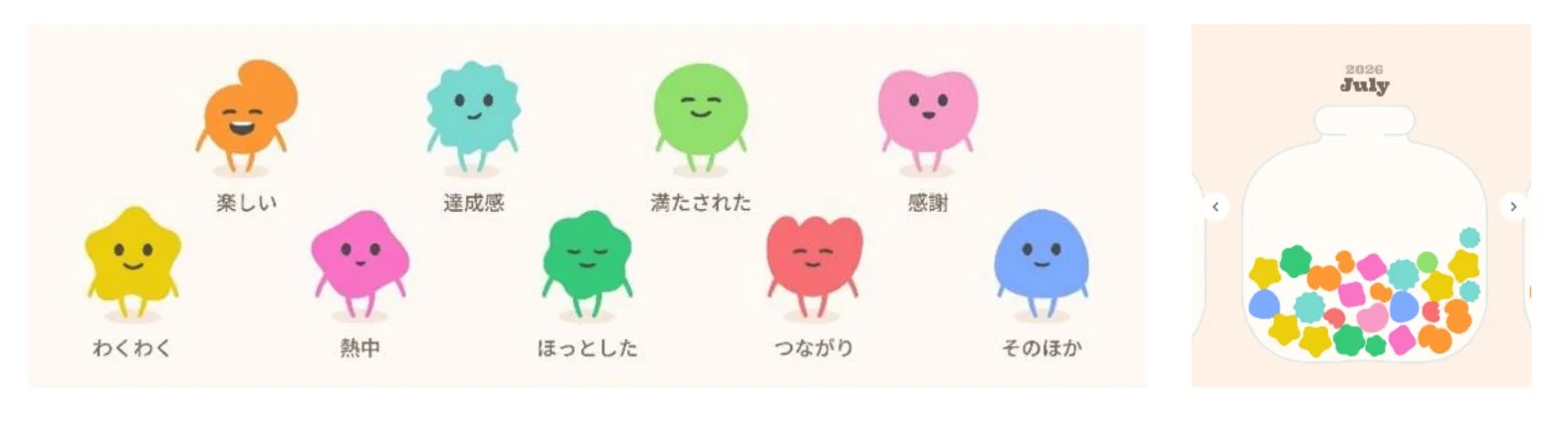 様々な感情を表すカラフルなキャラクターと瓶に貯められた様子
