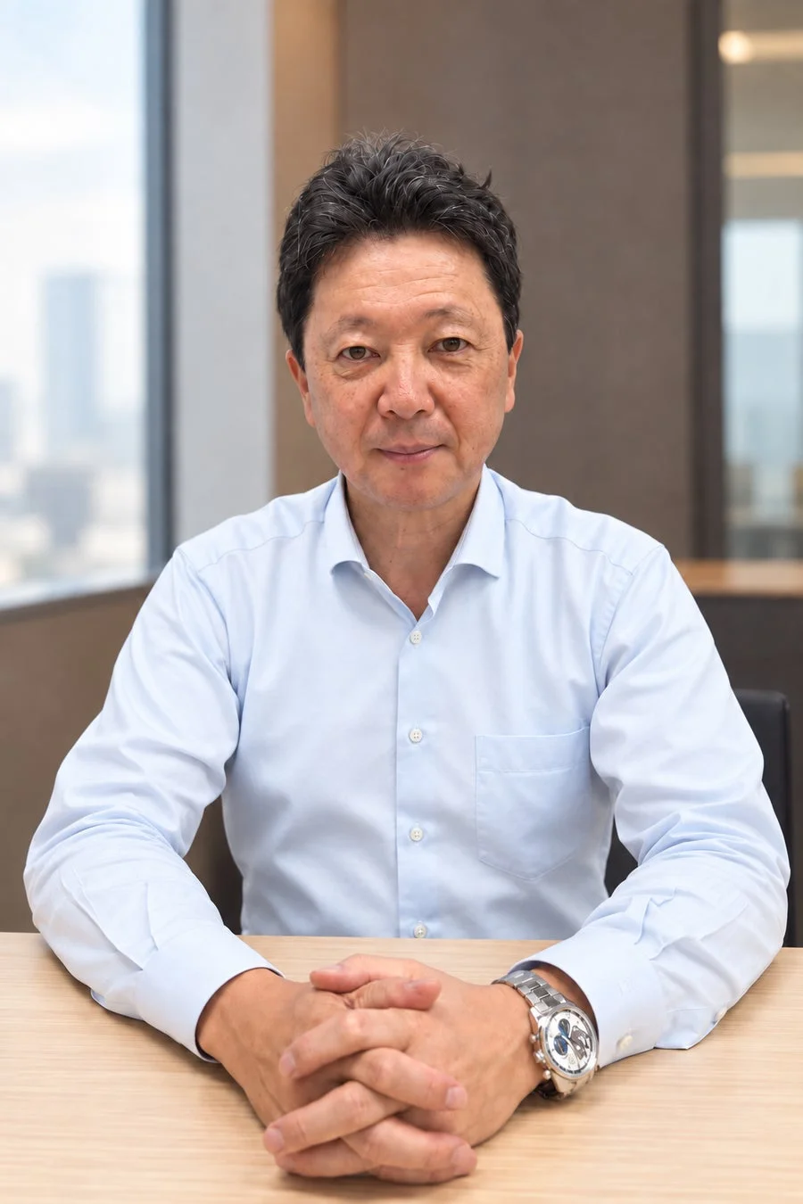 水色のシャツを着た中年の東洋人男性が、オフィスらしき場所で木製のテーブルに座り、カメラに向かって穏やかな表情で写っている