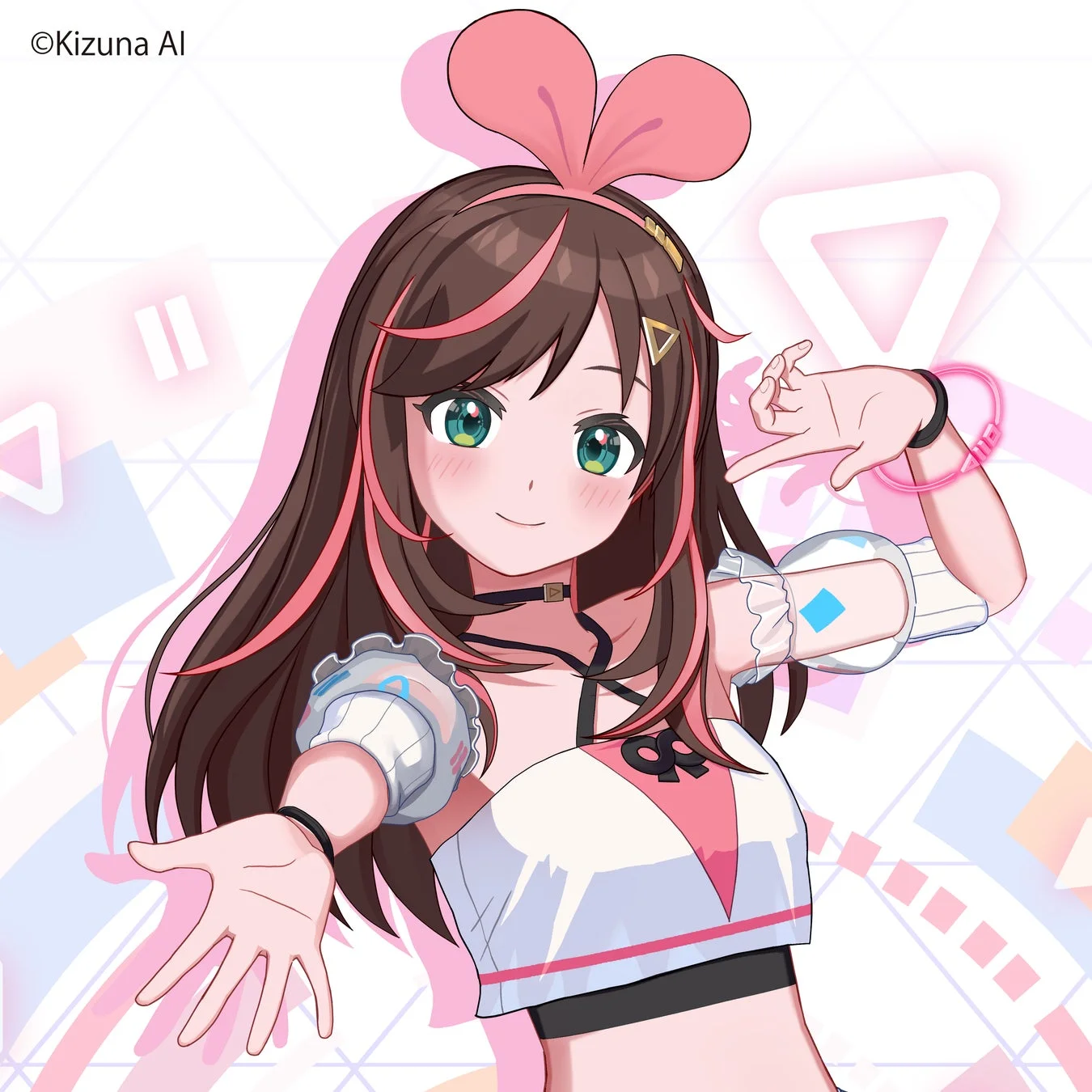 絆愛(Kizuna AI)が笑顔でポーズをとっているアニメイラスト