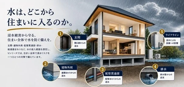 家屋に水が浸入する経路を5つのポイントに分けて解説し、浸水被害から住まい全体を守るための対策