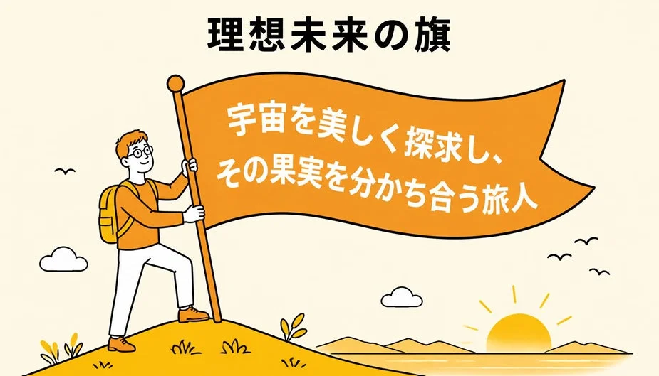 一人の旅人が「理想未来の旗」を掲げ、宇宙を美しく探求し、その果実を分かち合うというメッセージを表現したイラスト。