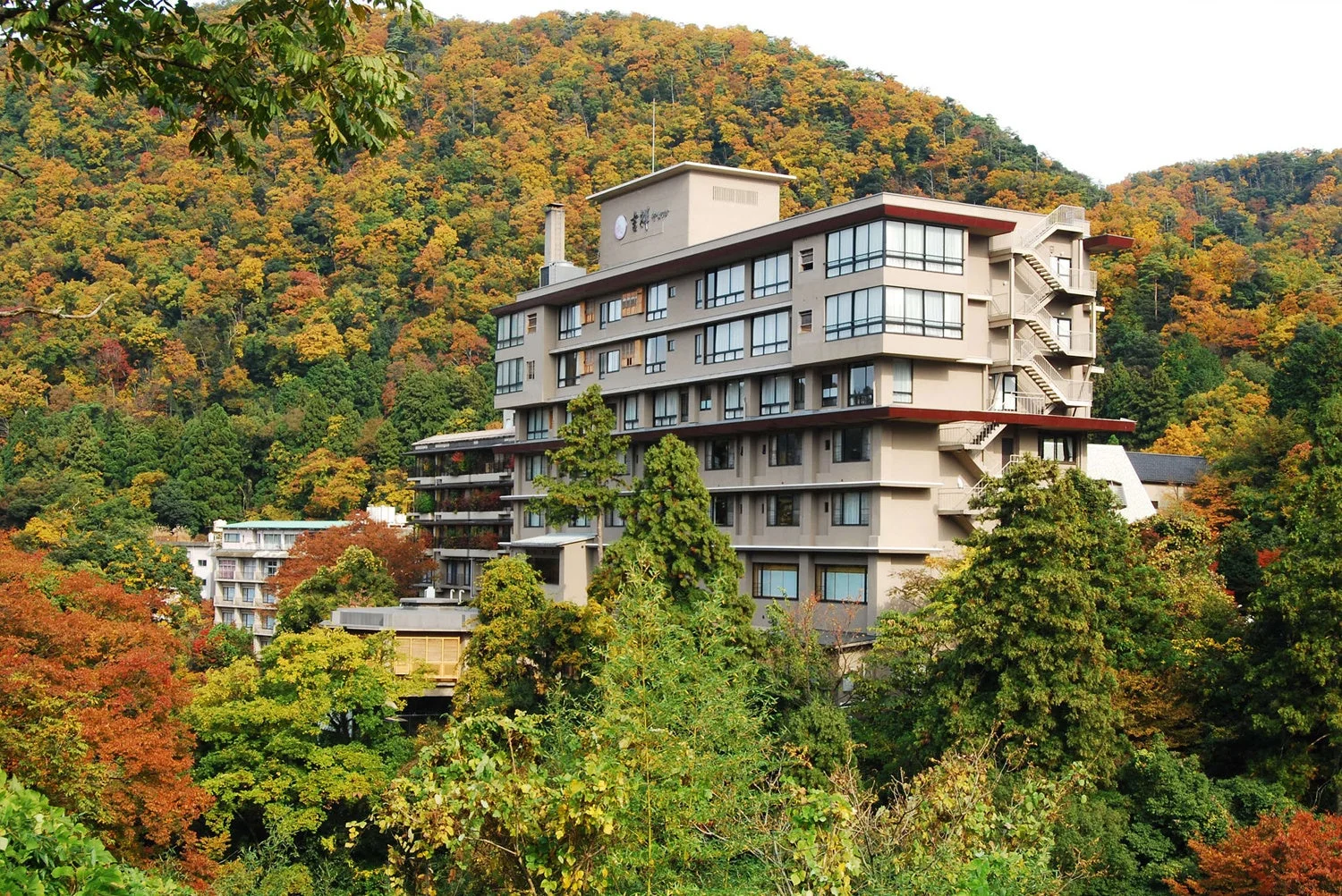 紅葉に囲まれた山中に建つ、モダンな建物(吉野荘 湯川屋)の風景。秋の美しい自然と調和した宿泊施設が描かれています。