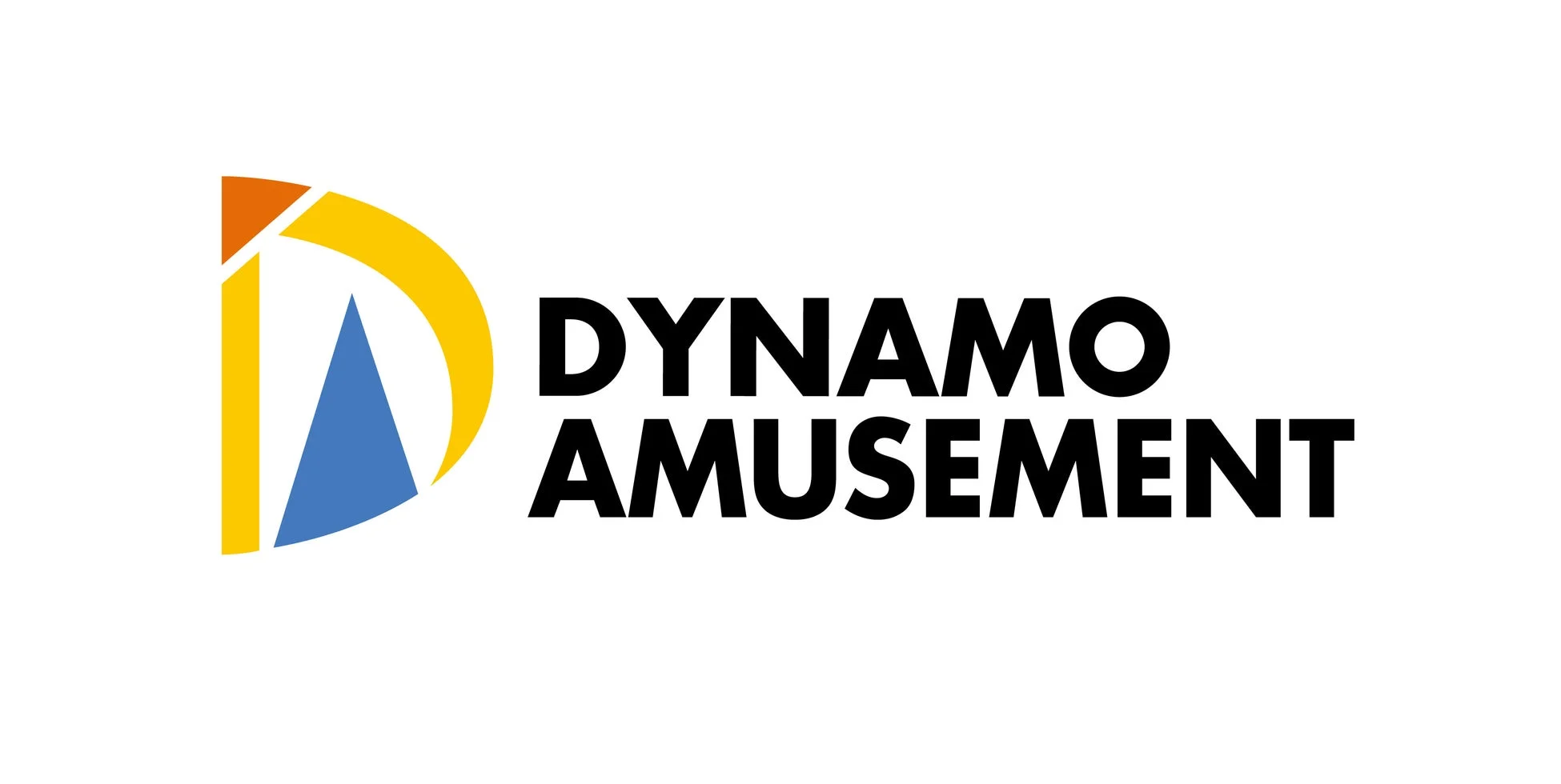 白い背景に「DYNAMO AMUSEMENT」という文字と、抽象的なDの形をしたカラフルなロゴが配置されています。アミューズメント関連企業のロゴデザインと考えられます。